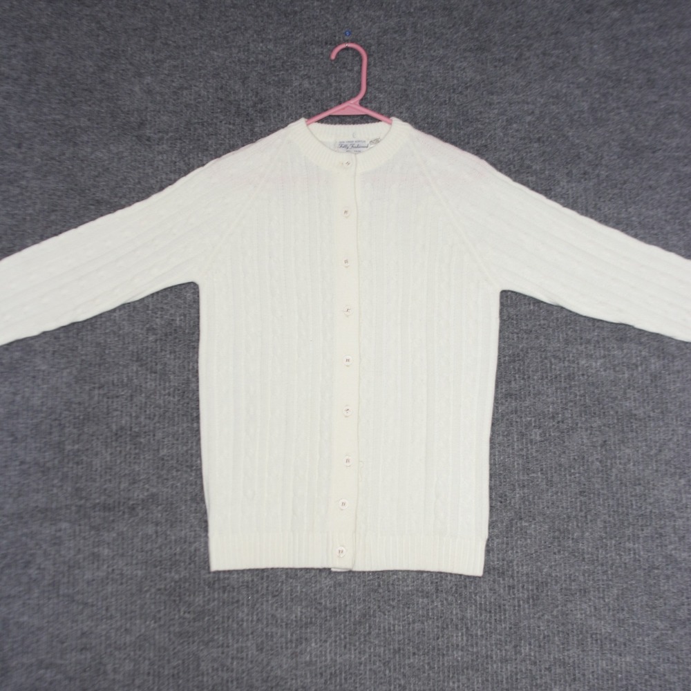 Fully Fashioned Cardigan Sweater Mens S Cream White button up Cable Knit Acrylic